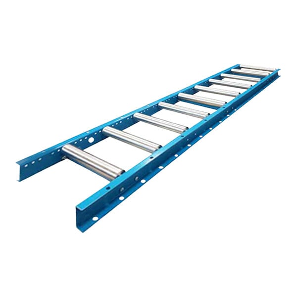 A Lavex gravity roller conveyor with galvanized steel rollers and metal rods with holes.