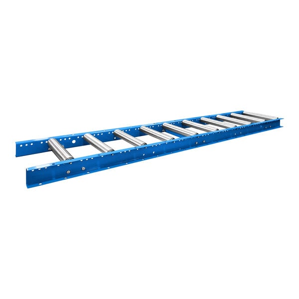 A blue metal roller conveyor with silver rollers.