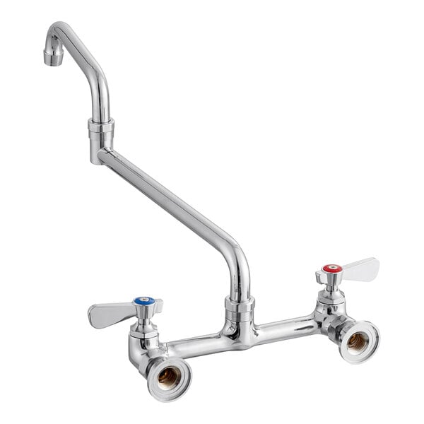 A silver Regency wall mount faucet with silver and red knobs.