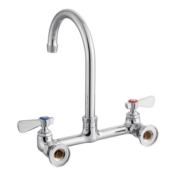 A silver chrome Regency wall mount faucet with red and blue knobs.