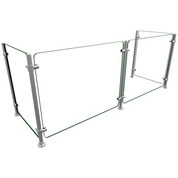 A glass sneeze guard with metal poles and rings.