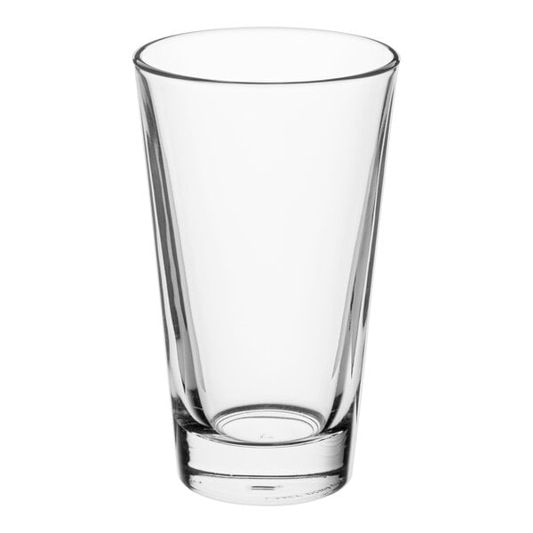 A Libbey clear mixing glass with a silver rim.