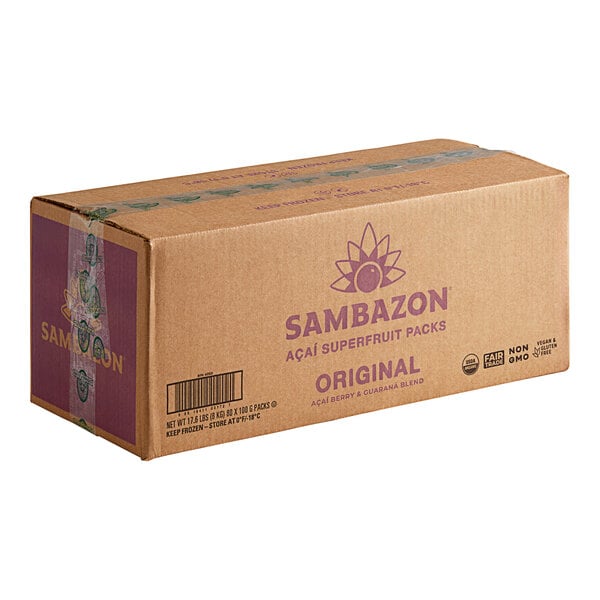 A brown Sambazon box with purple text and a purple label.