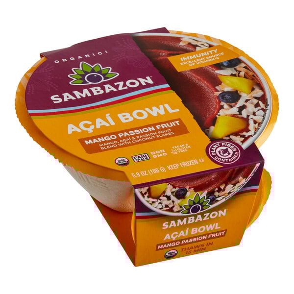 A Sambazon Mango Passion Fruit Organic Acai Bowl with a label over a bowl of fruit.