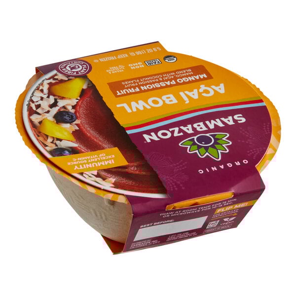 A Sambazon Mango Passion Fruit Organic Acai Bowl container on a white background.