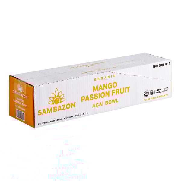 A white box with yellow text for Sambazon Mango Passion Fruit Organic Acai Bowls.