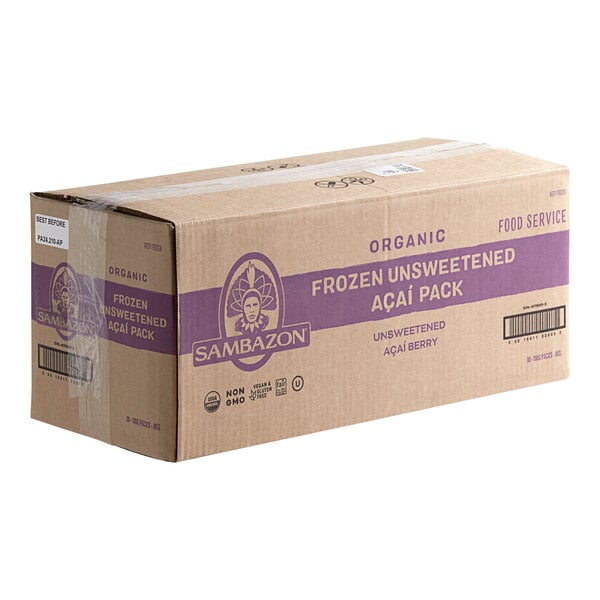 A white box of Sambazon frozen acai puree with a purple label and purple text.