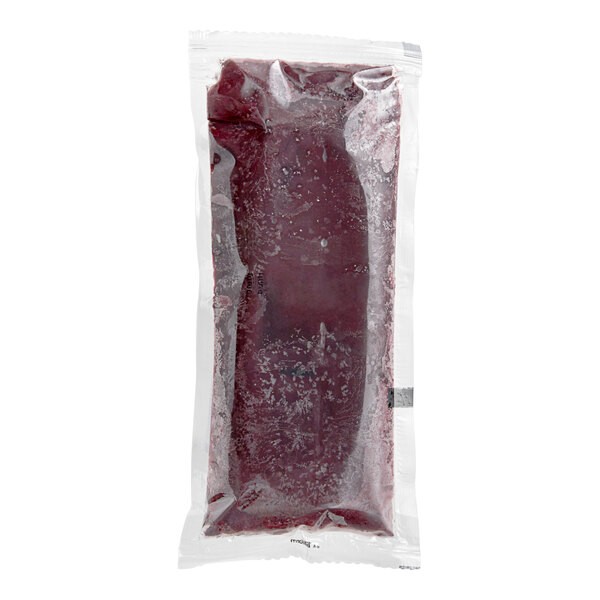 A plastic bag of frozen red Sambazon Acai puree.