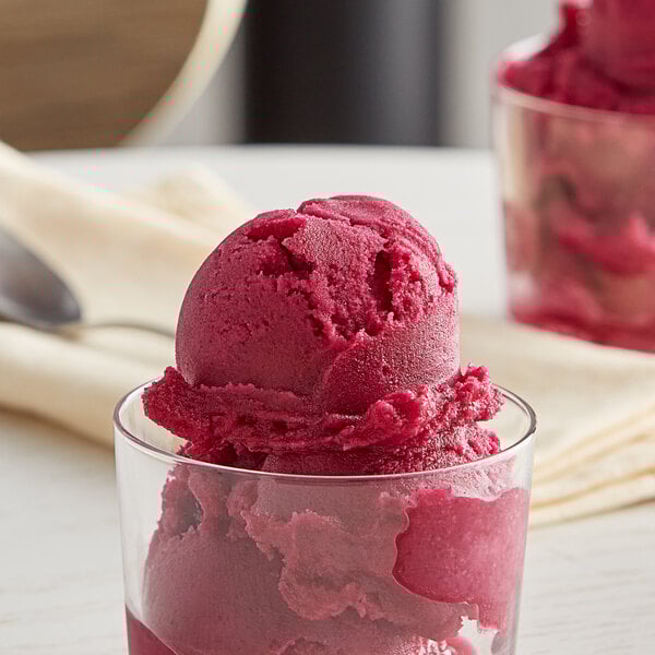 A glass cup with a scoop of pink Sambazon Organic Dragon Fruit Pitaya Sorbet.