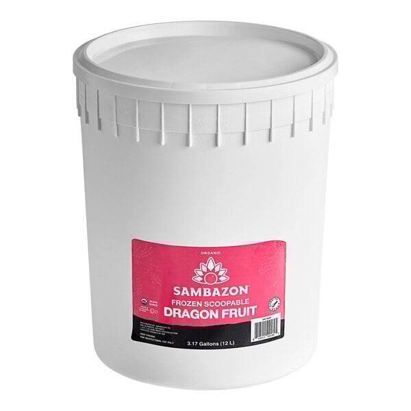 A white bucket of Sambazon Organic Dragon Fruit Pitaya Sorbet with a pink label.
