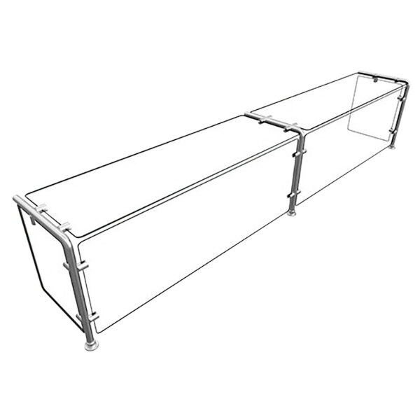 A long rectangular glass shelf with metal rods on the sides.