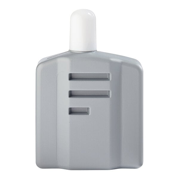A grey plastic container with a white cap.