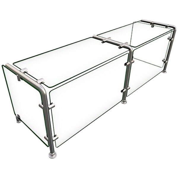 A glass shelf with metal rods on a Hatco Flav-R-Shield pass-over sneeze guard.