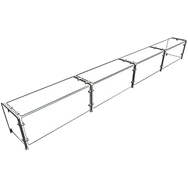 A metal railing with glass panels over four glass shelves.