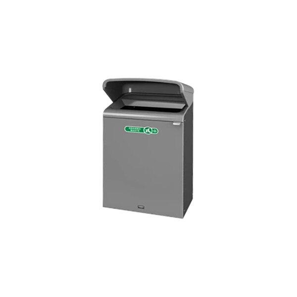 A grey rectangular Rubbermaid trash can with a rain hood lid.