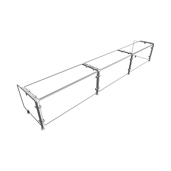 A wireframe of a long rectangular metal structure with three shelves inside.