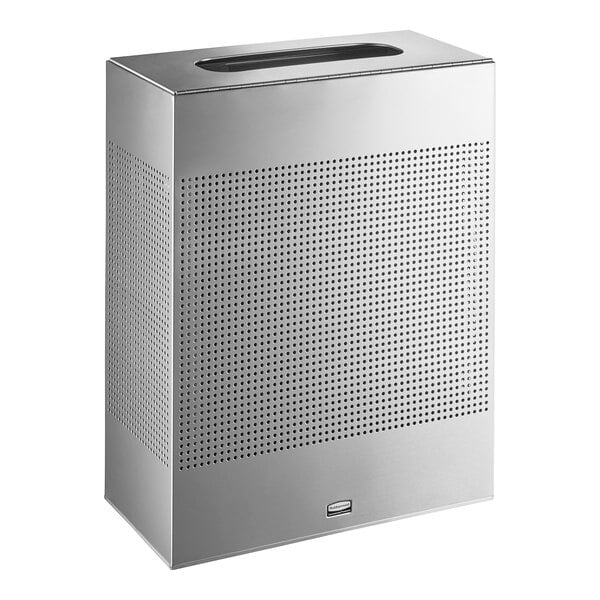 A close-up of a Rubbermaid stainless steel rectangular waste receptacle with holes in it.
