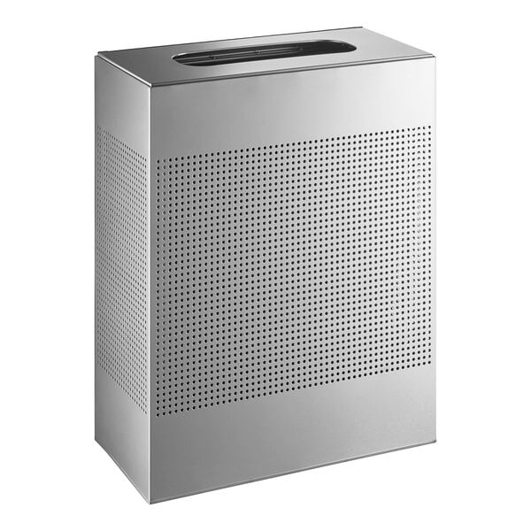 A silver rectangular Rubbermaid waste receptacle with holes in it.