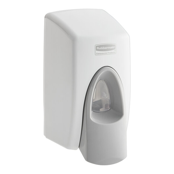 A white Rubbermaid Clean Seat manual spray soap dispenser with a clear plastic lid.