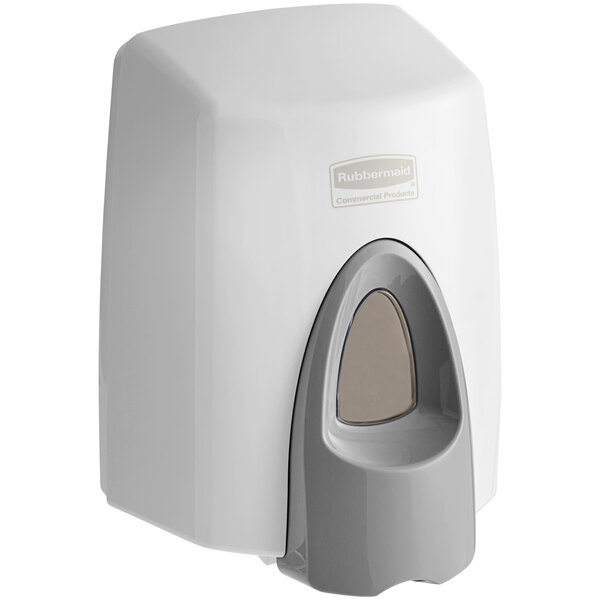 A white Rubbermaid foam soap dispenser with a grey lid.