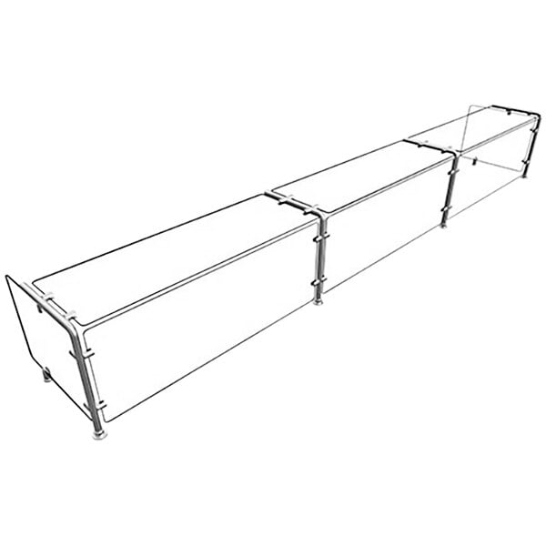 A long rectangular metal sneeze guard with glass shelves.