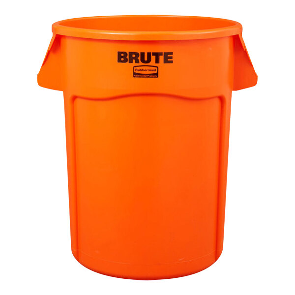 A Rubbermaid BRUTE orange plastic trash can with black text.