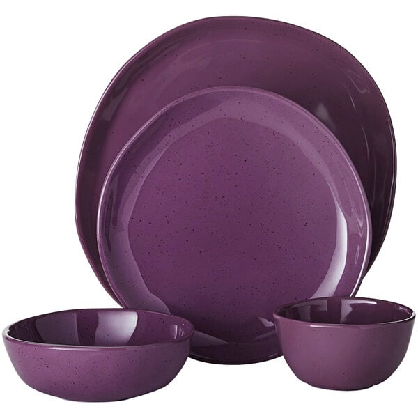 An American Metalcraft Crave purple melamine dinner set with a plate and three bowls.