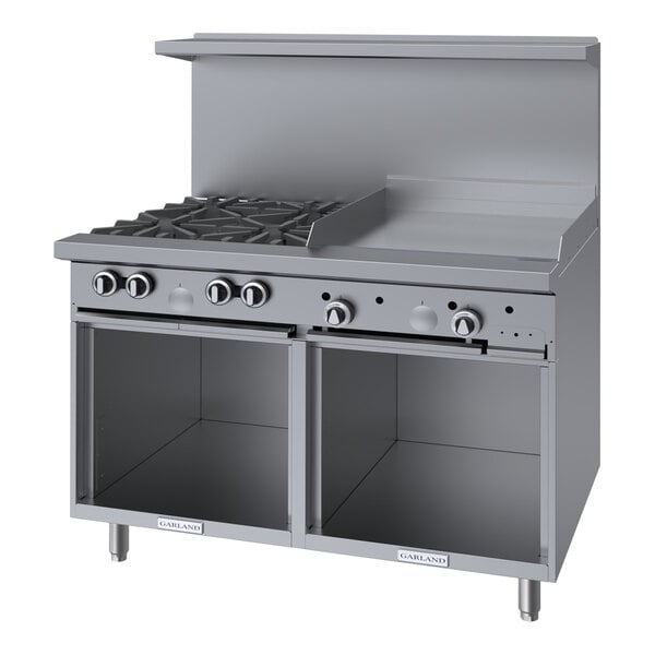 A commercial stainless steel range with four burners, a 24-inch griddle, and two open storage bases.