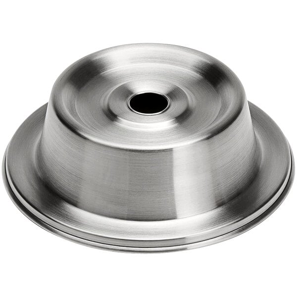 An American Metalcraft stainless steel plate cover with a hole in the center.