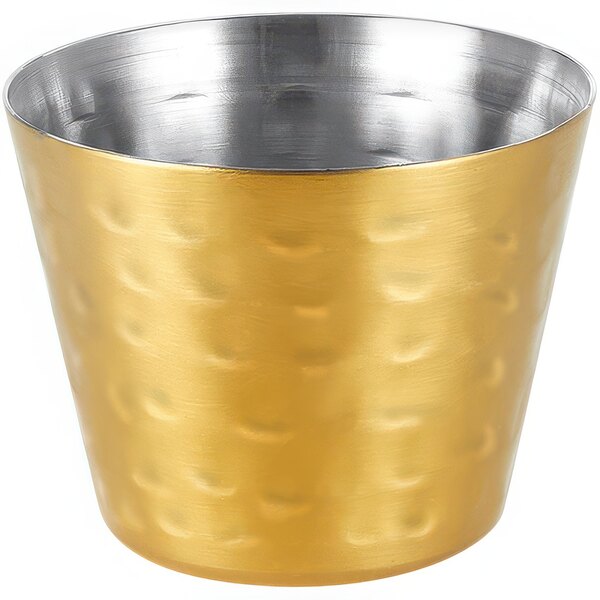 An American Metalcraft stainless steel sauce cup with a hammered gold finish and silver rim.