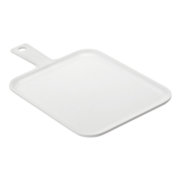 A white, rectangular serving board with a handle and a hole near the end of the handle.