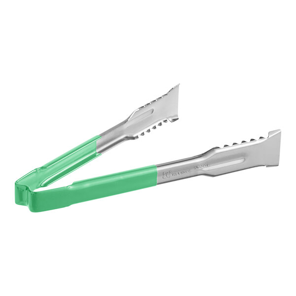 Two Vollrath stainless steel tongs with green Kool-Touch® handles.