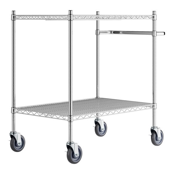 A chrome metal utility cart with two shelves and wheels.