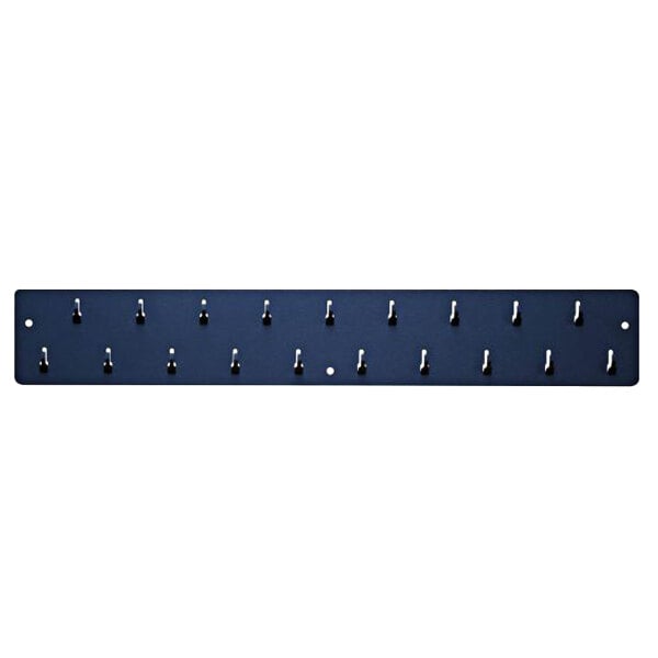 A blue metal rack with many small pegs.