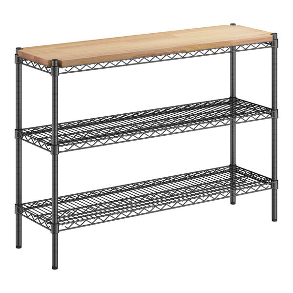 A Regency metal shelf with wooden inserts on top.