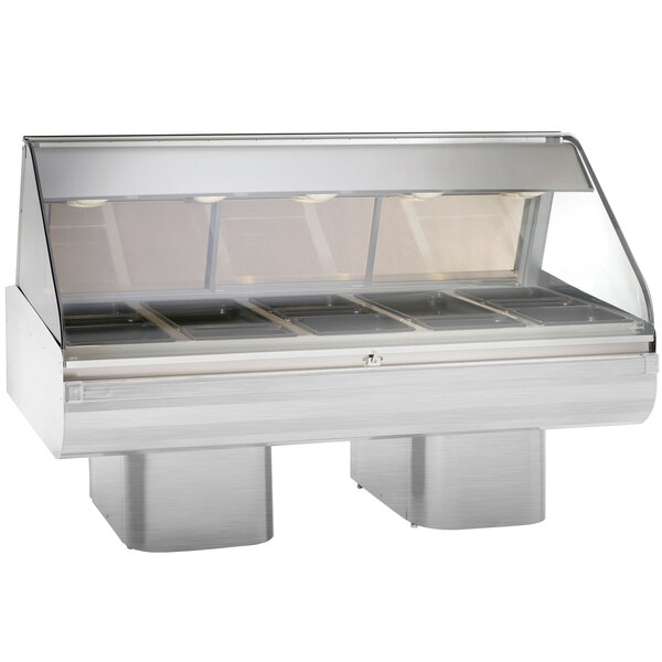 An Alto-Shaam stainless steel heated display case with curved glass over three compartments.