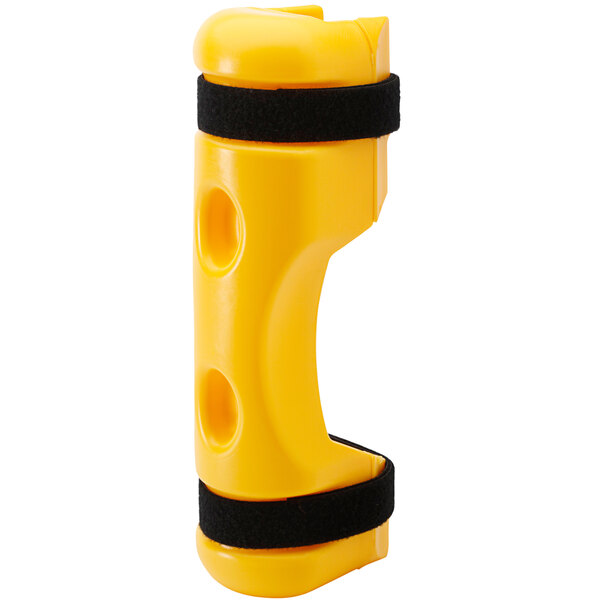 A yellow plastic rack protector with black straps.