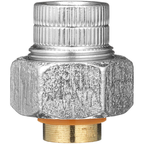 A close up of a Zurn iron and copper dielectric union pipe fitting nut.
