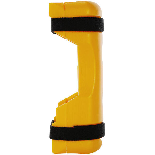A yellow plastic Sentry Rack Protector with black straps.