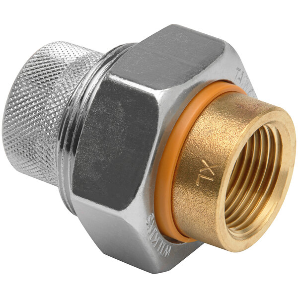 A Zurn brass dielectric union pipe fitting with a gold nut.