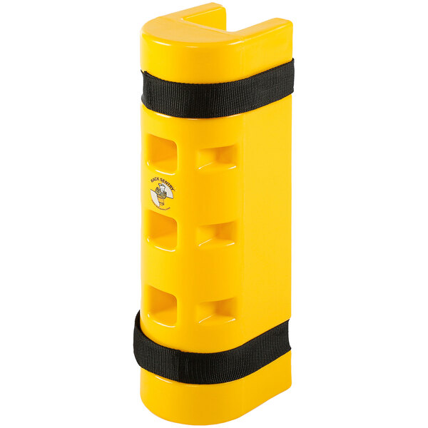 A yellow Sentry rack protector with black straps.