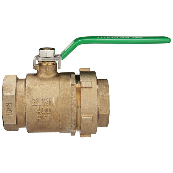 A Zurn brass ball valve with a green handle.