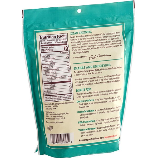 A green and white bag of Bob's Red Mill Whey Protein Powder with a label.