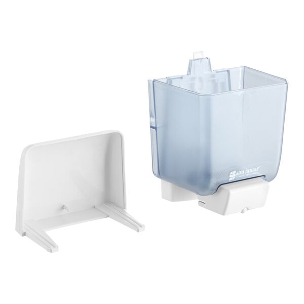 A blue and white plastic San Jamar soap dispenser with a white cover.