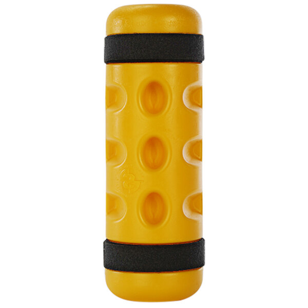 A black rectangular object with a yellow border that attaches to the end of a rack.