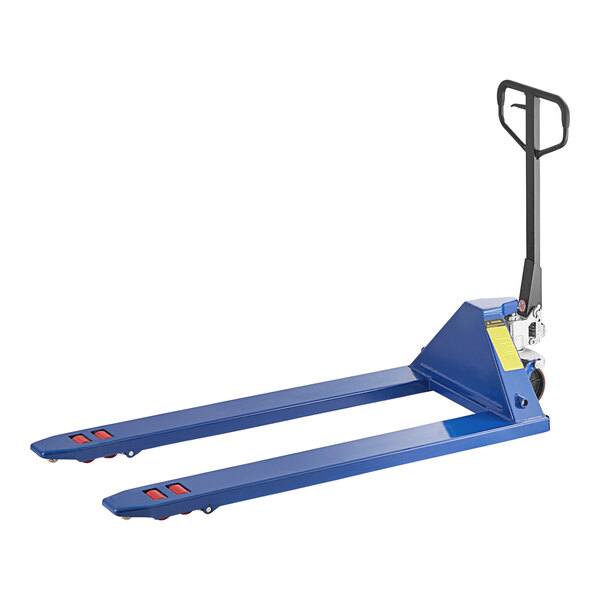 A blue pallet truck with a black handle.