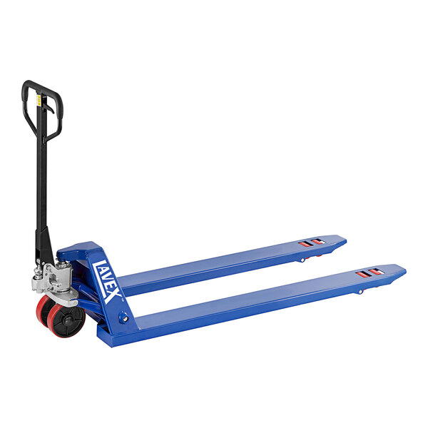 A blue Lavex hand pallet truck with black wheels.