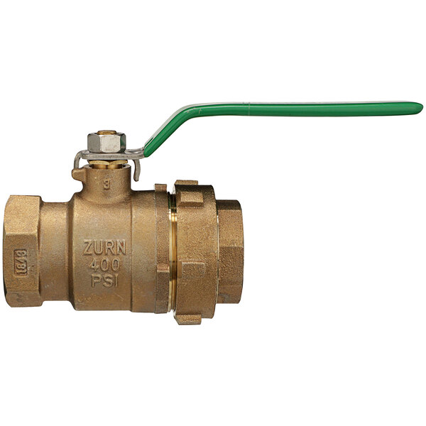 A Zurn brass ball valve with a green handle.