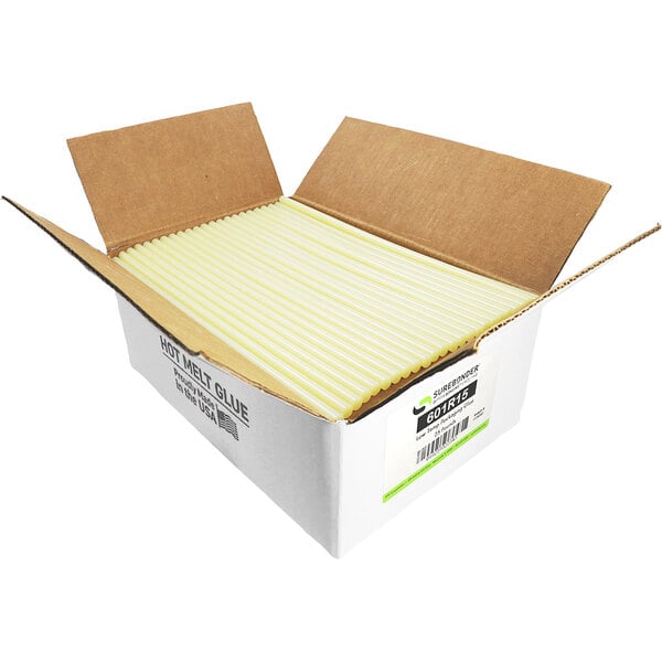 A box of Surebonder tan glue sticks with white and red text.