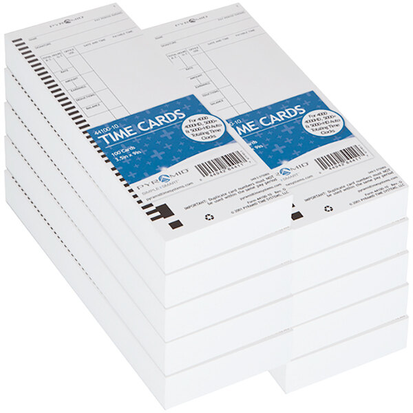 A stack of white time cards with a blue and white label.